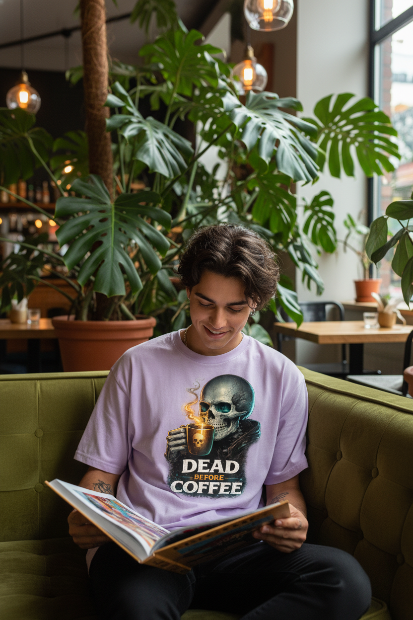 Dead Before Coffee – Teal Skull Graphic Tee