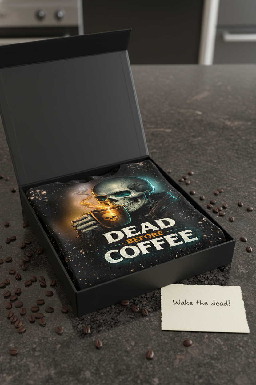 Dead Before Coffee – Teal Skull Graphic Tee