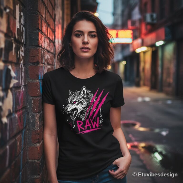 RAW Neon Pink Wolf Sketch Grunge T-Shirt