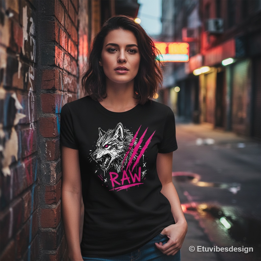 RAW Neon Pink Wolf Sketch Grunge T-Shirt