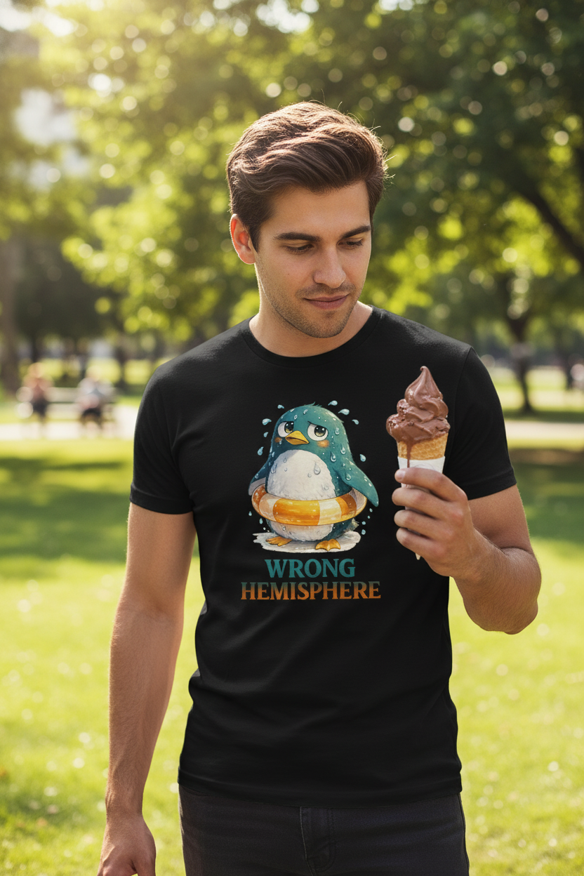 Wrong Hemisphere – Funny Anime Penguin Summer T-Shirt