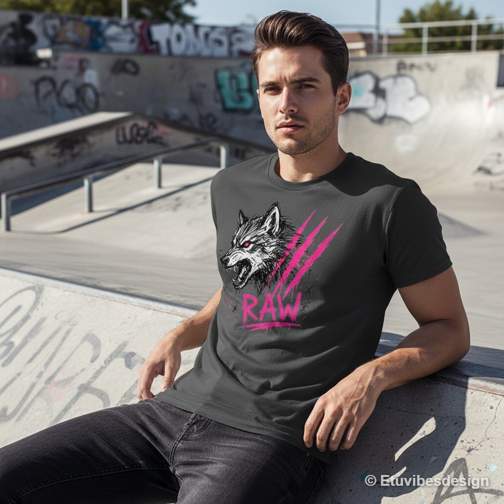 RAW Neon Pink Wolf Sketch Grunge T-Shirt