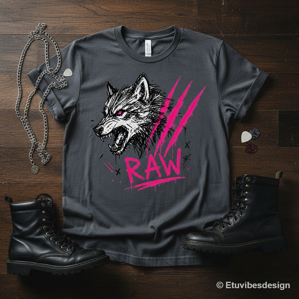 RAW Neon Pink Wolf Sketch Grunge T-Shirt