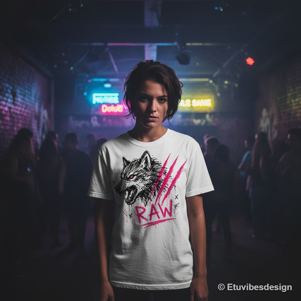 RAW Neon Pink Wolf Sketch Grunge T-Shirt