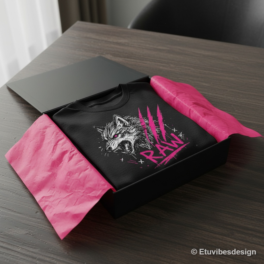 RAW Neon Pink Wolf Sketch Grunge T-Shirt