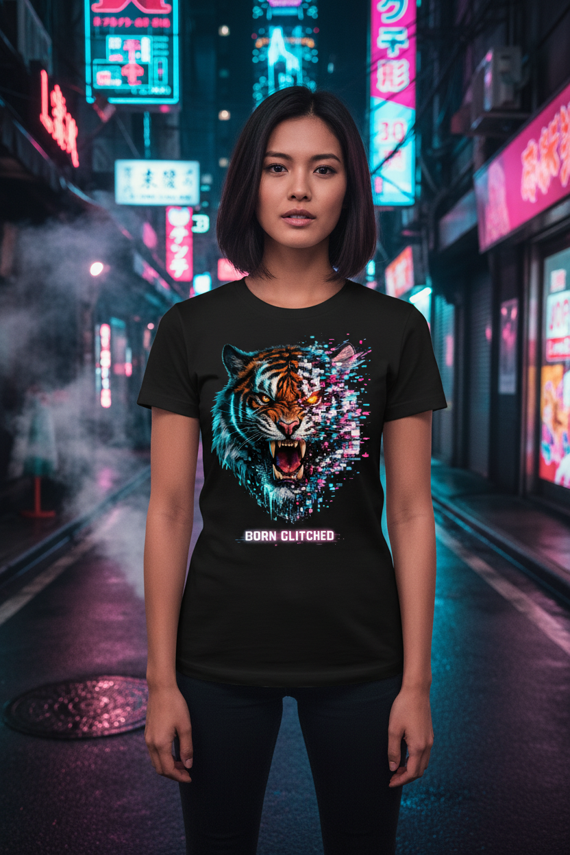 Cyberpunk Tiger “Born Glitched” Glitch Art T-Shirt