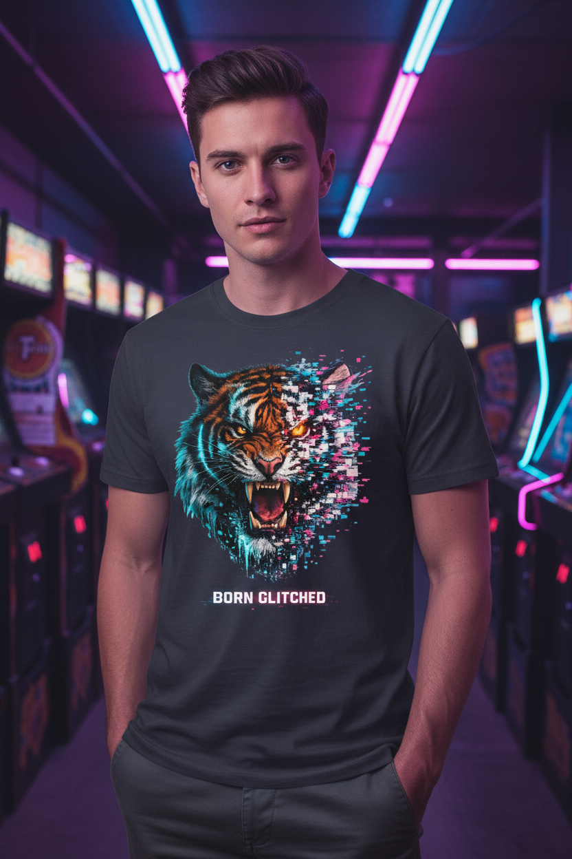 Cyberpunk Tiger “Born Glitched” Glitch Art T-Shirt