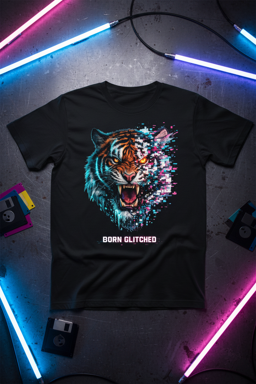 Cyberpunk Tiger “Born Glitched” Glitch Art T-Shirt