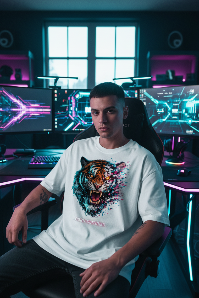 Cyberpunk Tiger “Born Glitched” Glitch Art T-Shirt