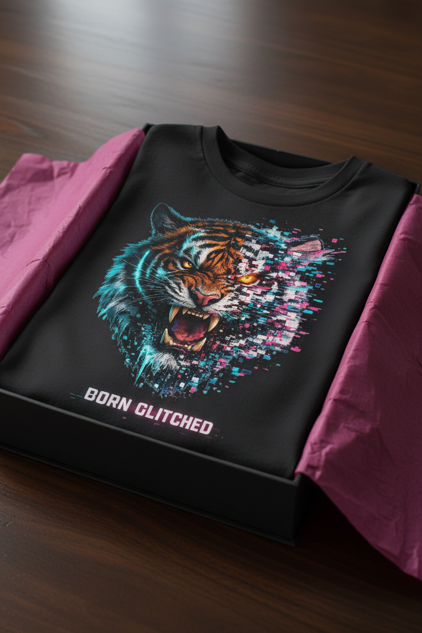 Cyberpunk Tiger “Born Glitched” Glitch Art T-Shirt