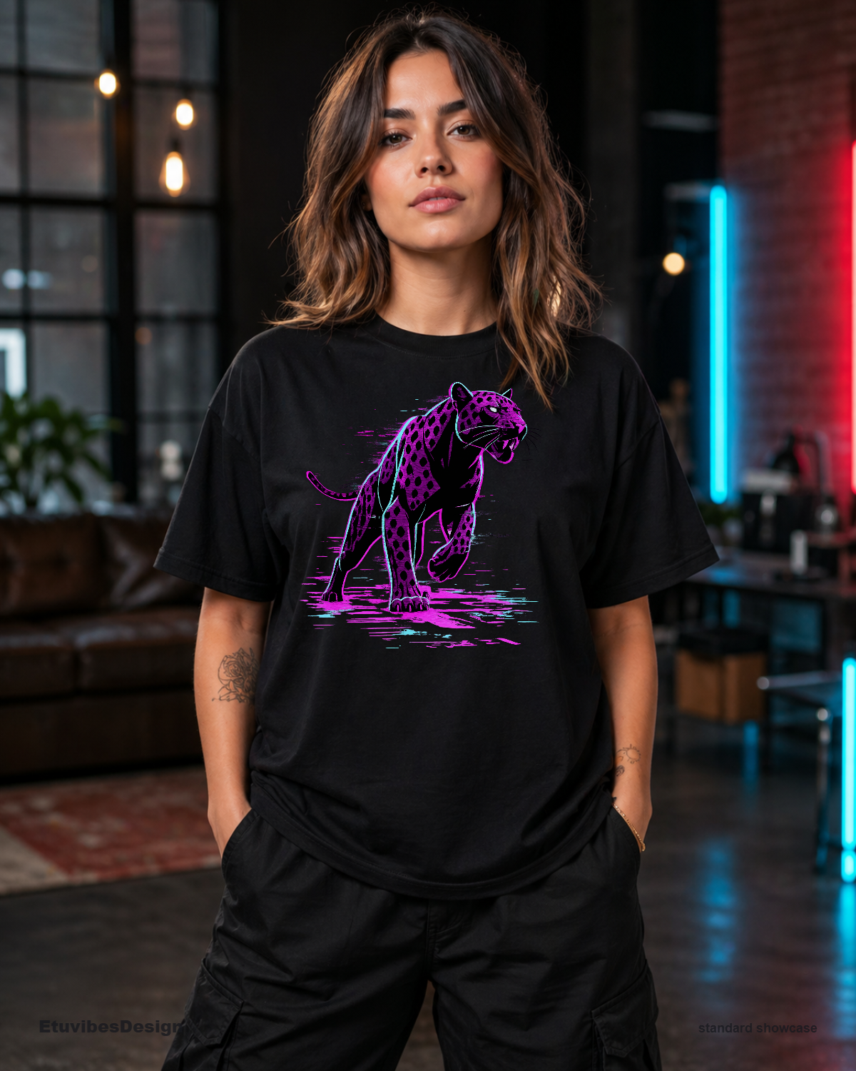 Neon Cyberpunk Panther T-Shirt – Retro Synthwave Big Cat Graphic Tee