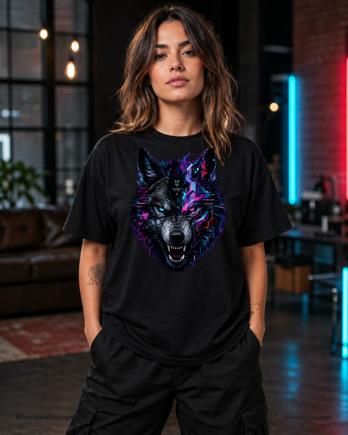 Cyberpunk Glitch Wolf Graphic T-Shirt – Neon Synthwave Unisex Gamer Tee
