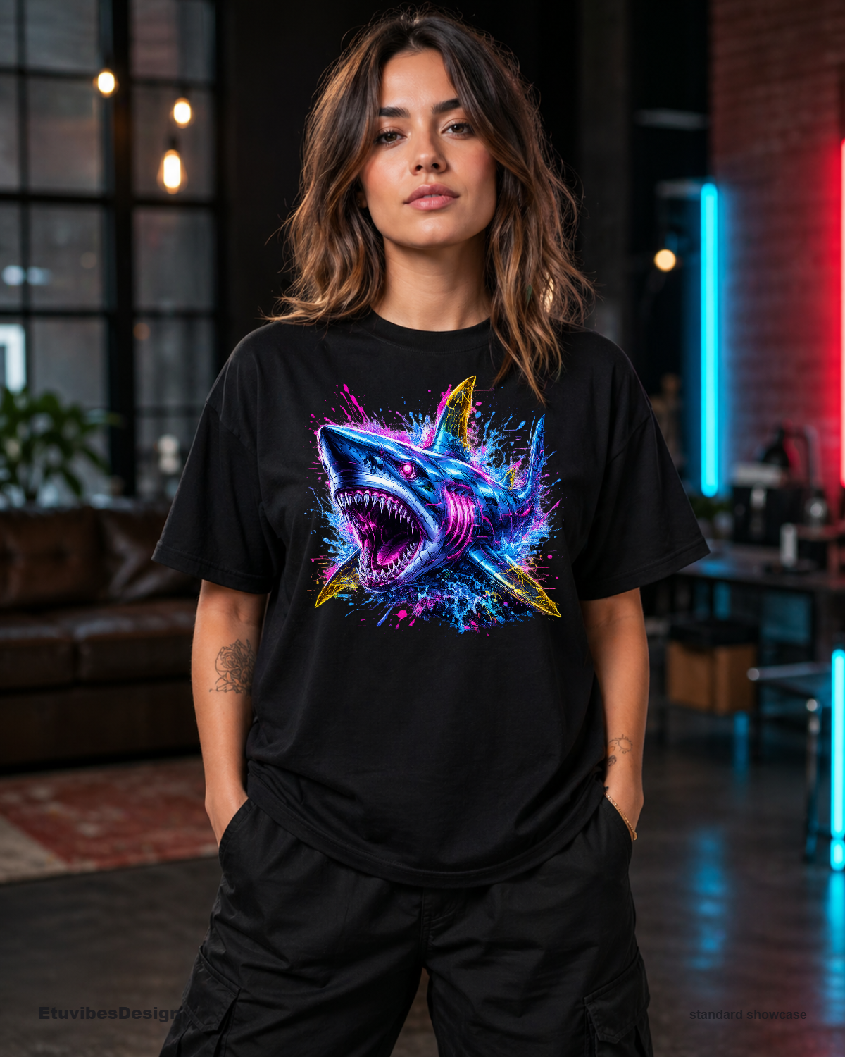 Neon Cyberpunk Shark Unisex Graphic T-Shirt