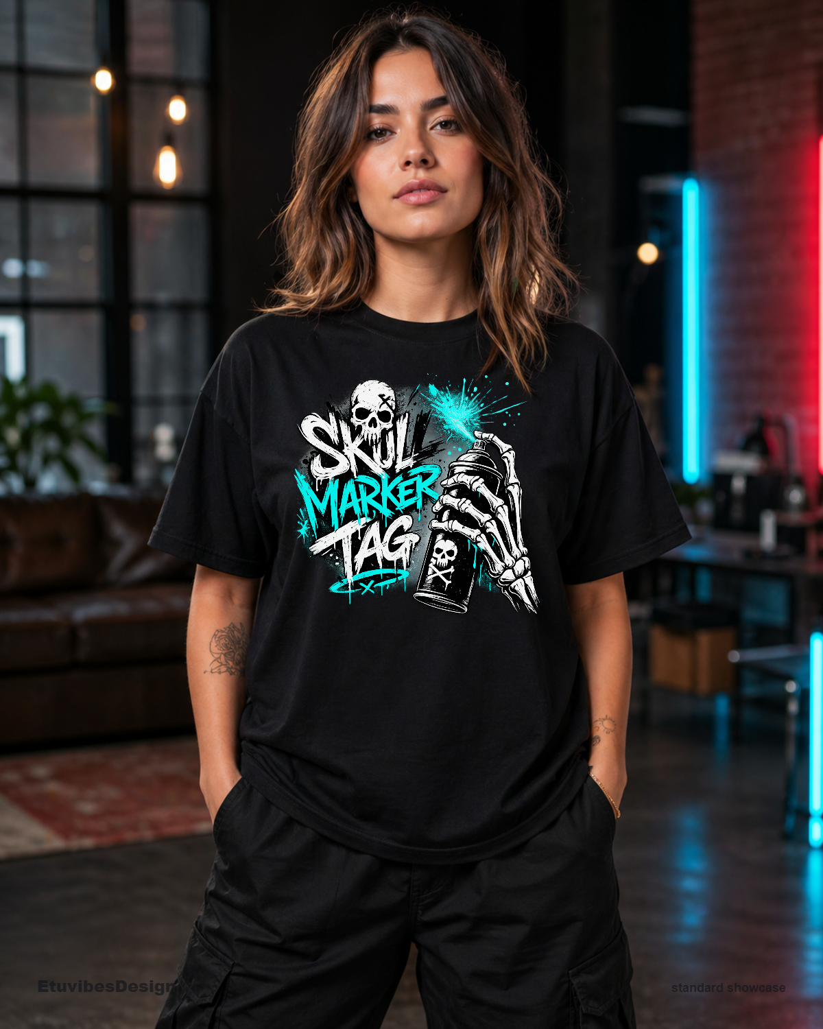 Neon Cyan Graffiti Skull Streetwear T-Shirt
