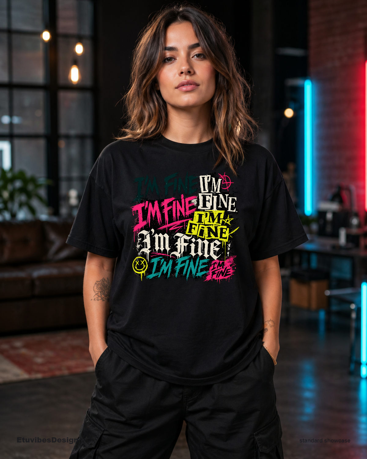 Grunge Neon I’m Fine Sarcastic Graphic T-Shirt