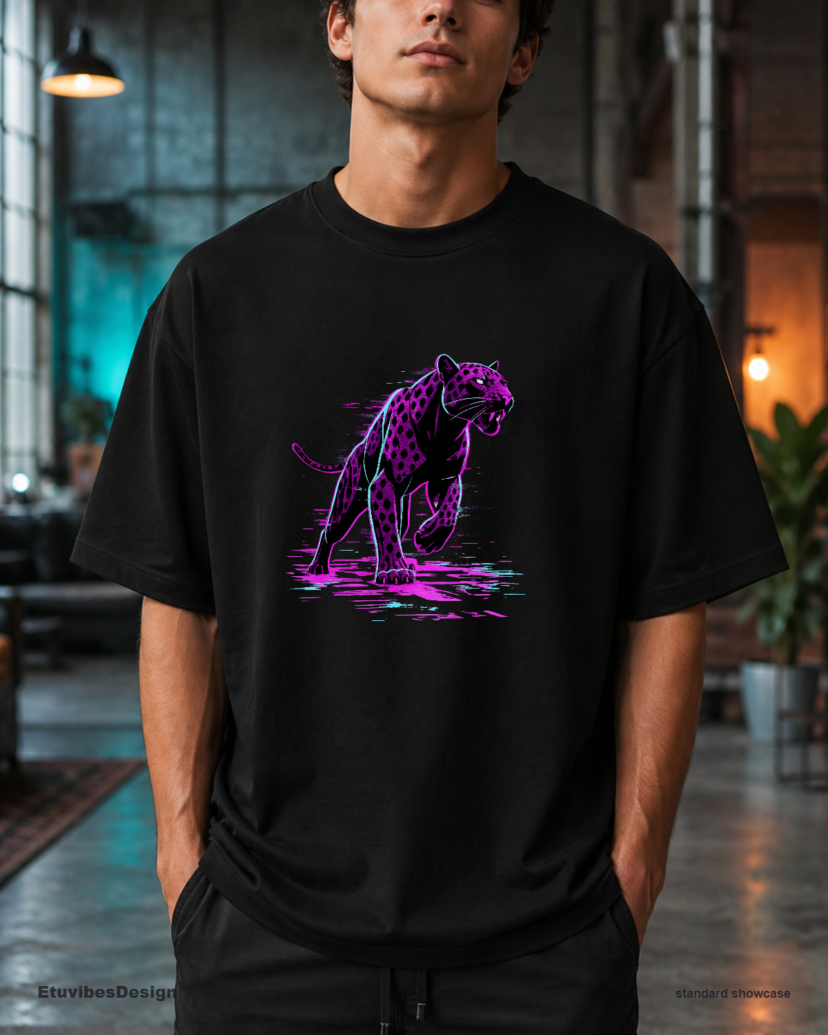 Neon Cyberpunk Panther T-Shirt – Retro Synthwave Big Cat Graphic Tee