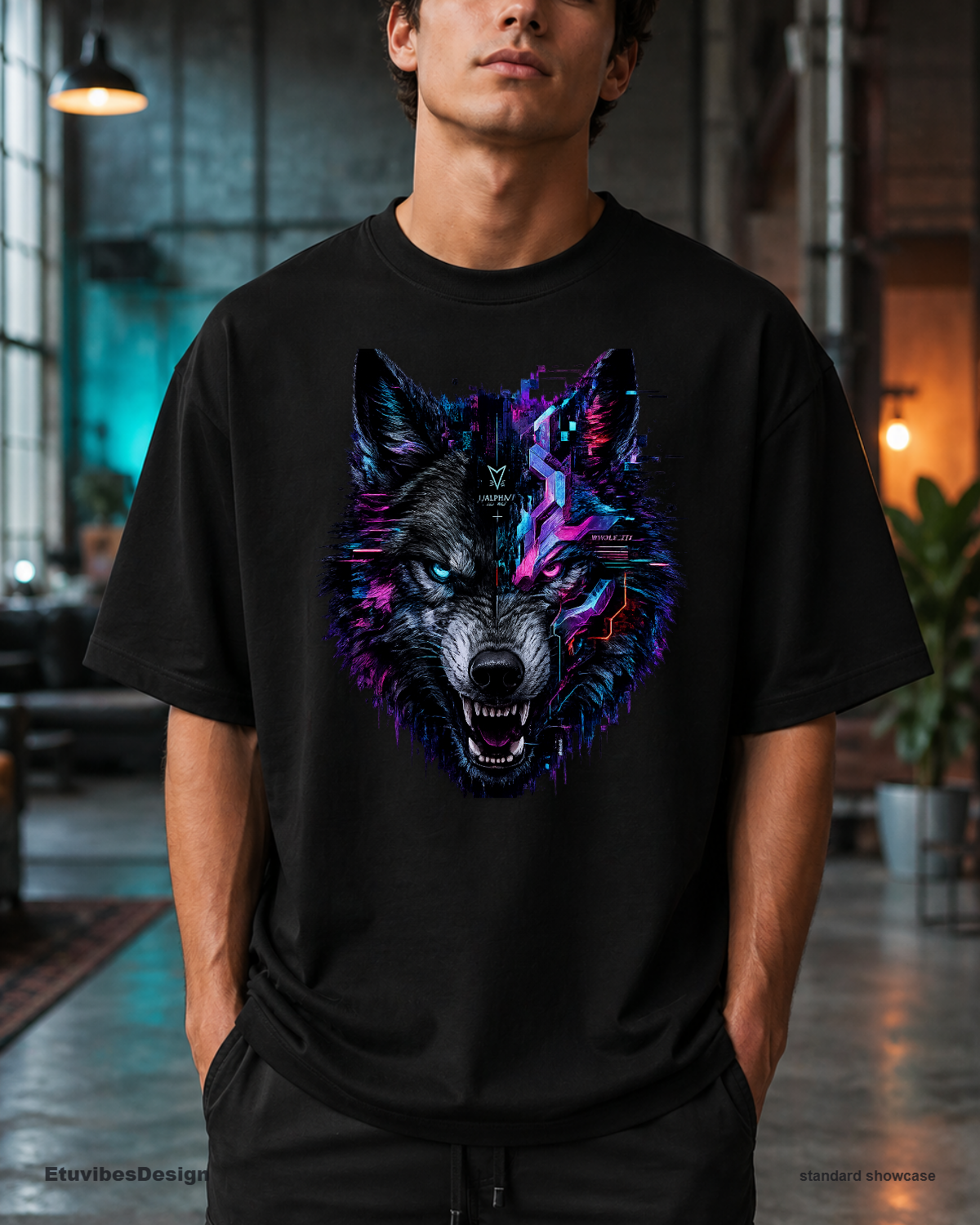 Cyberpunk Glitch Wolf Graphic T-Shirt – Neon Synthwave Unisex Gamer Tee