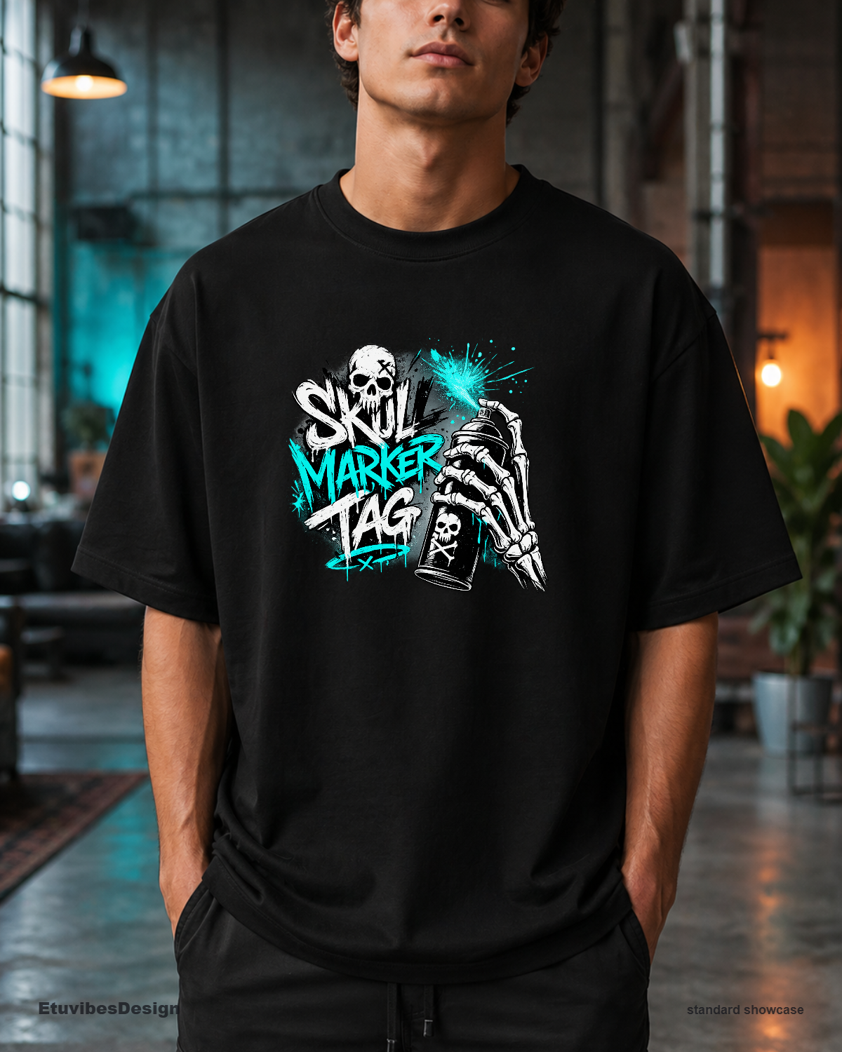 Neon Cyan Graffiti Skull Streetwear T-Shirt