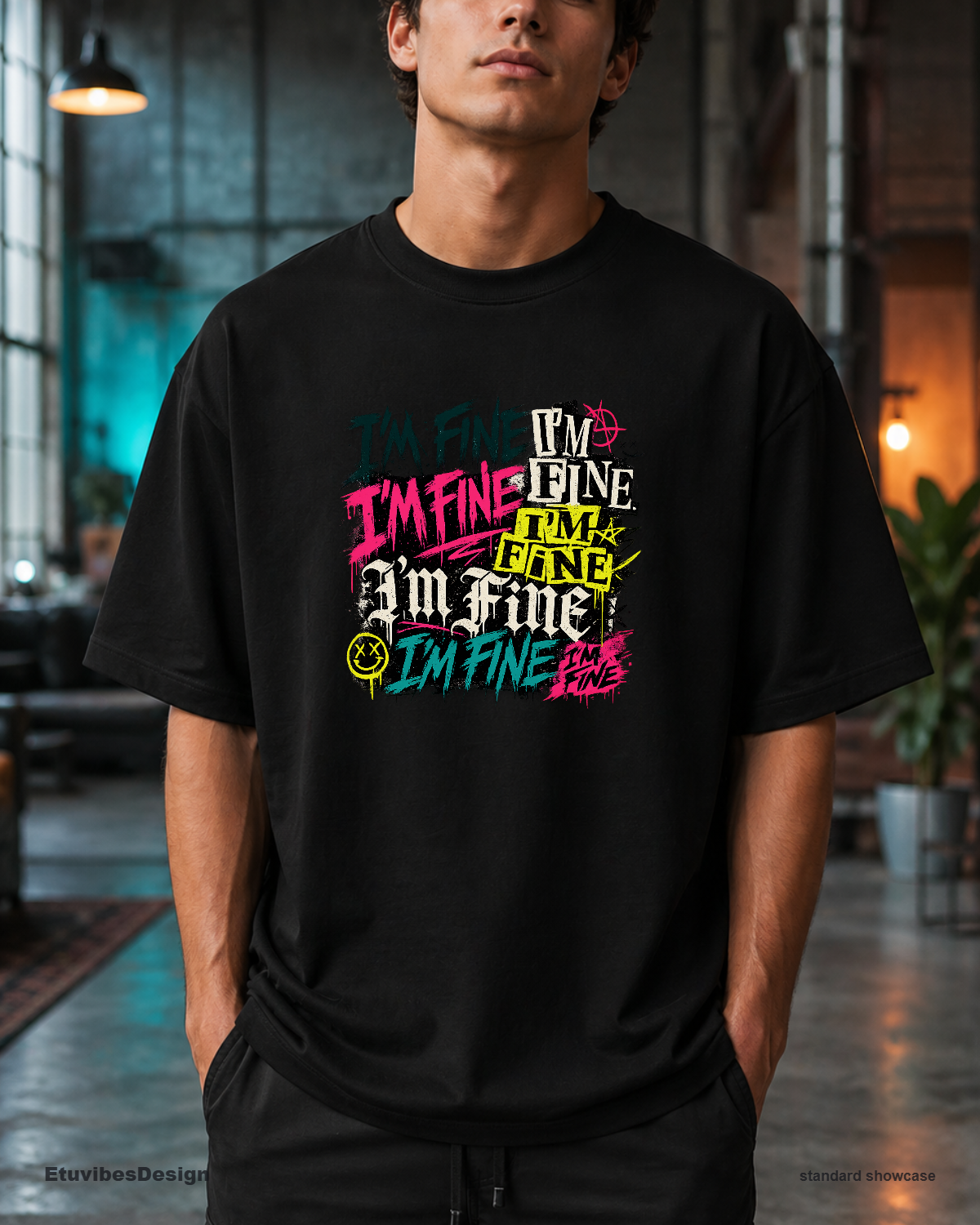 Grunge Neon I’m Fine Sarcastic Graphic T-Shirt