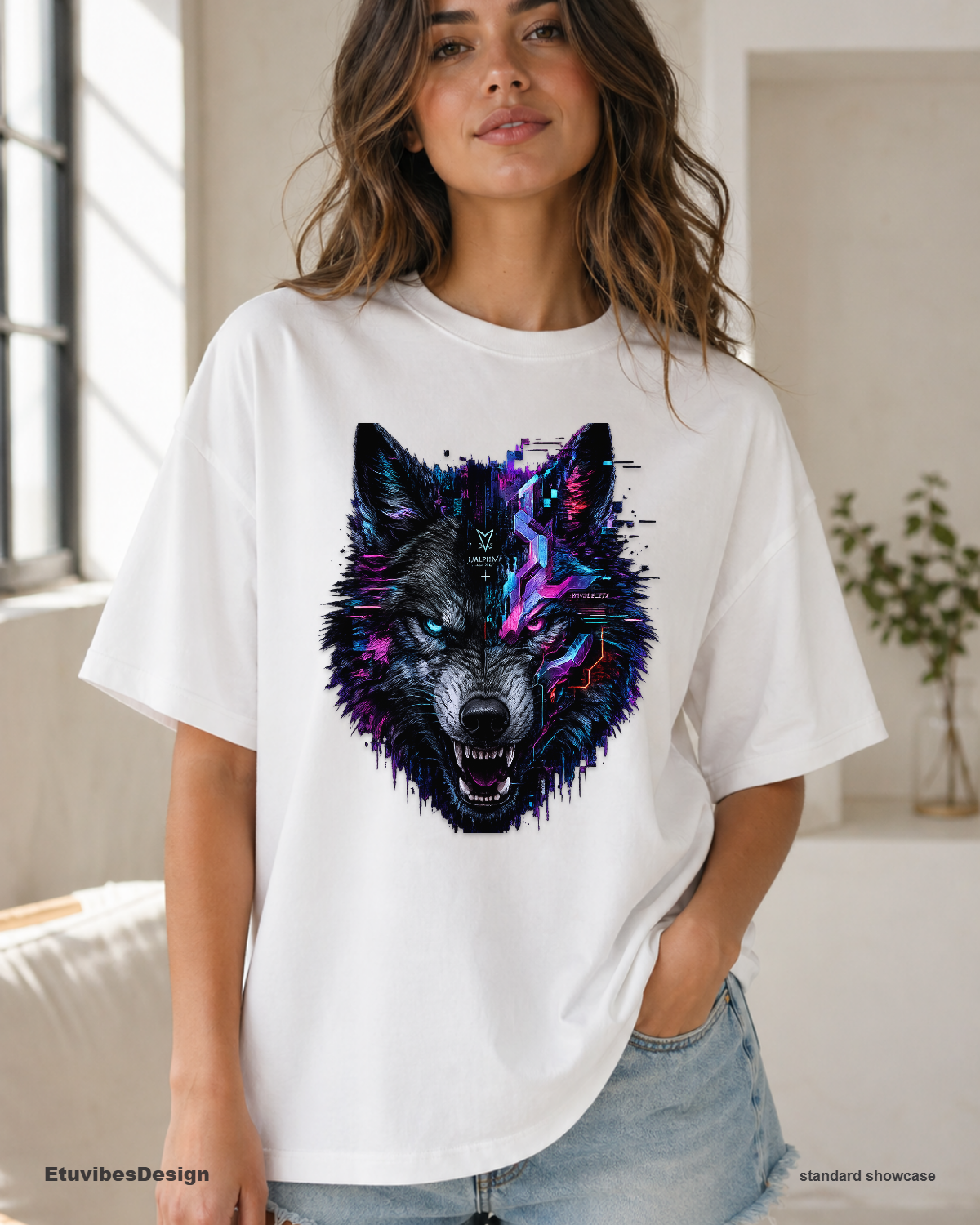 Cyberpunk Glitch Wolf Graphic T-Shirt – Neon Synthwave Unisex Gamer Tee