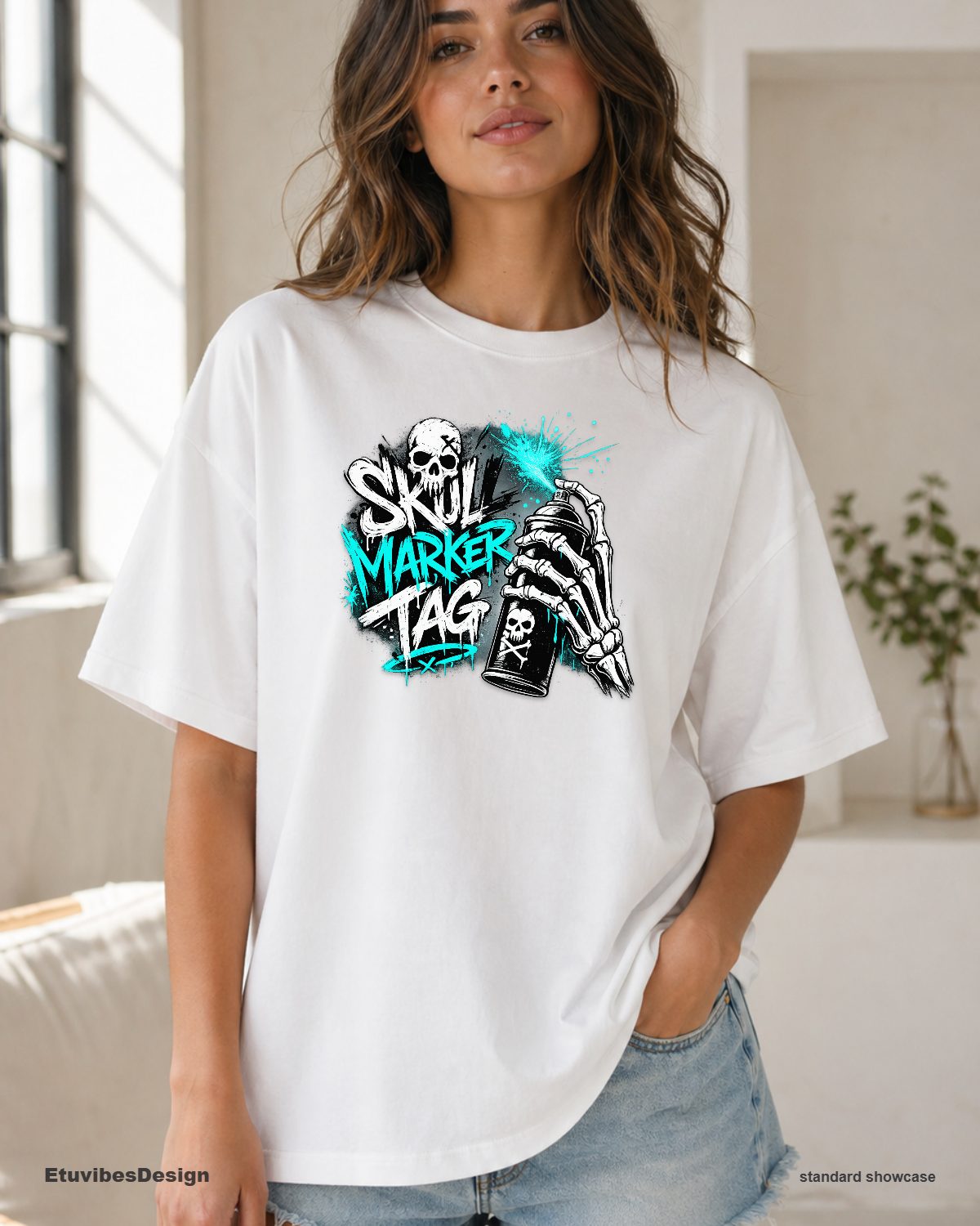 Neon Cyan Graffiti Skull Streetwear T-Shirt