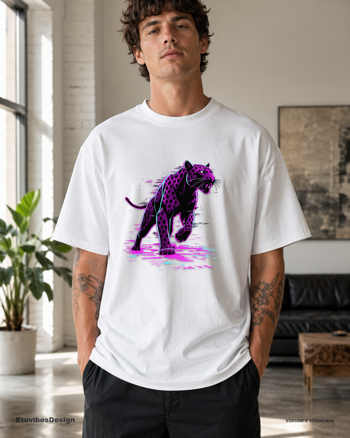 Neon Cyberpunk Panther T-Shirt – Retro Synthwave Big Cat Graphic Tee