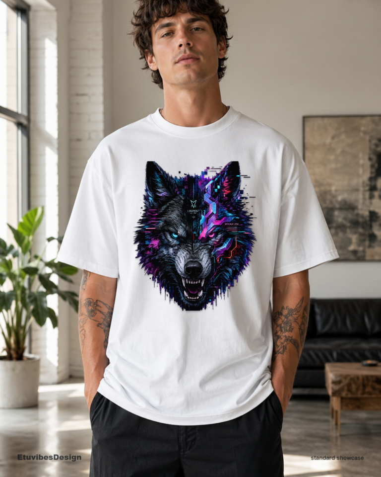 Cyberpunk Glitch Wolf Graphic T-Shirt – Neon Synthwave Unisex Gamer Tee