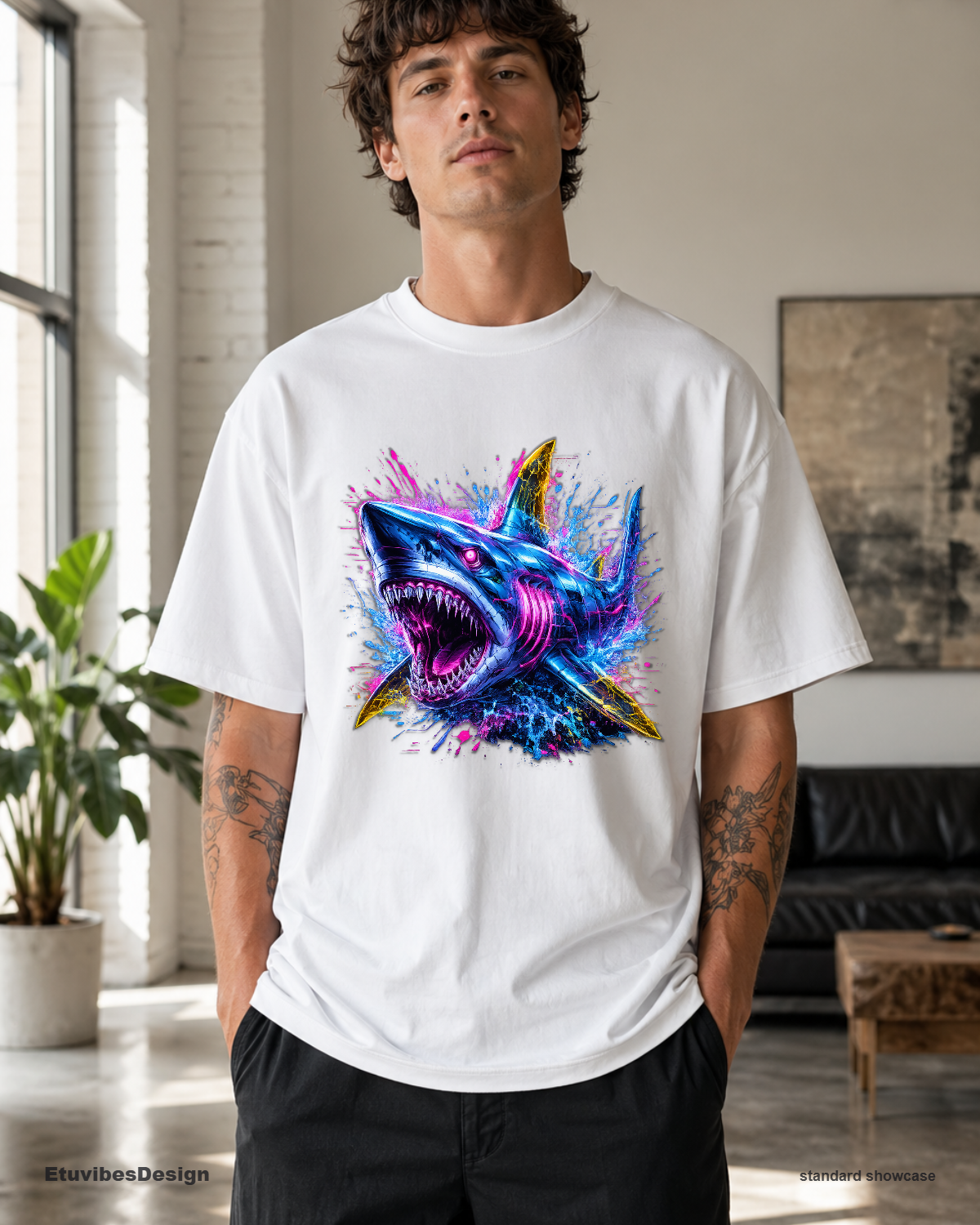 Neon Cyberpunk Shark Unisex Graphic T-Shirt