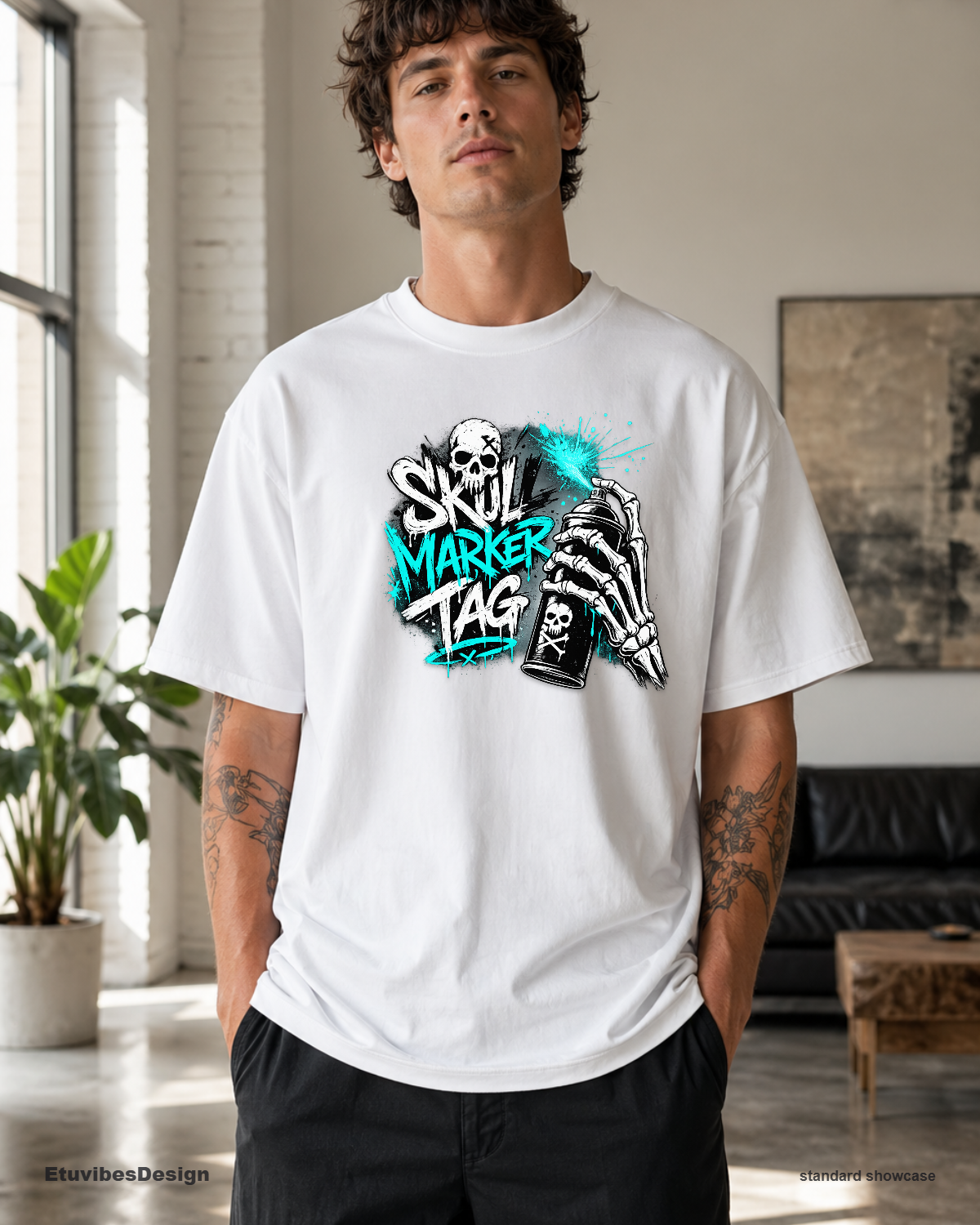 Neon Cyan Graffiti Skull Streetwear T-Shirt