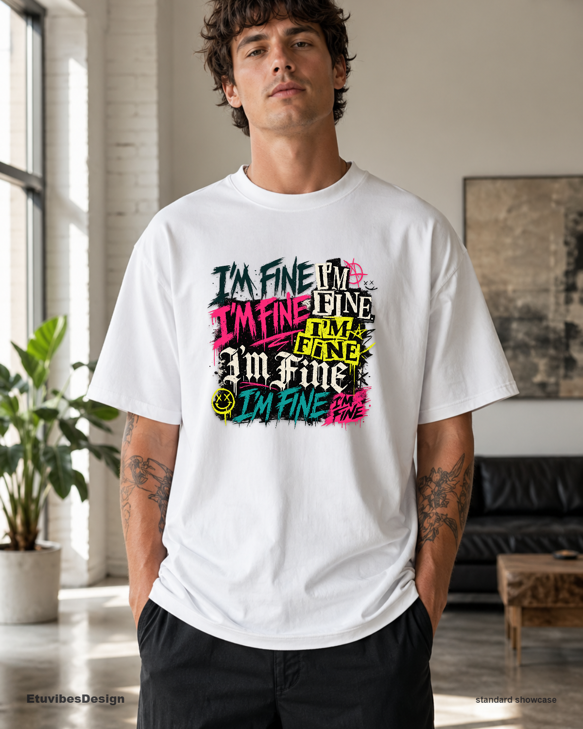 Grunge Neon I’m Fine Sarcastic Graphic T-Shirt