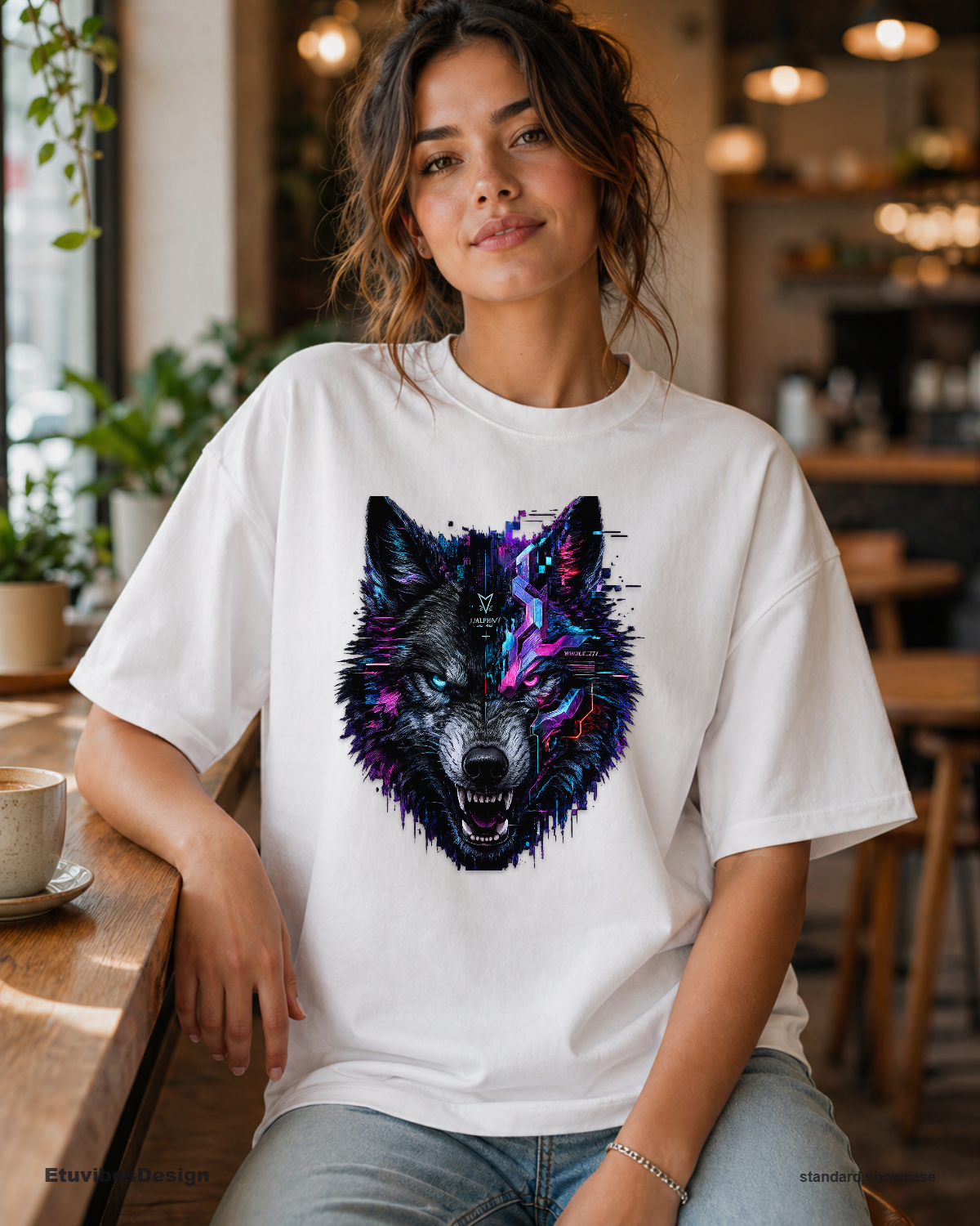 Cyberpunk Glitch Wolf Graphic T-Shirt – Neon Synthwave Unisex Gamer Tee
