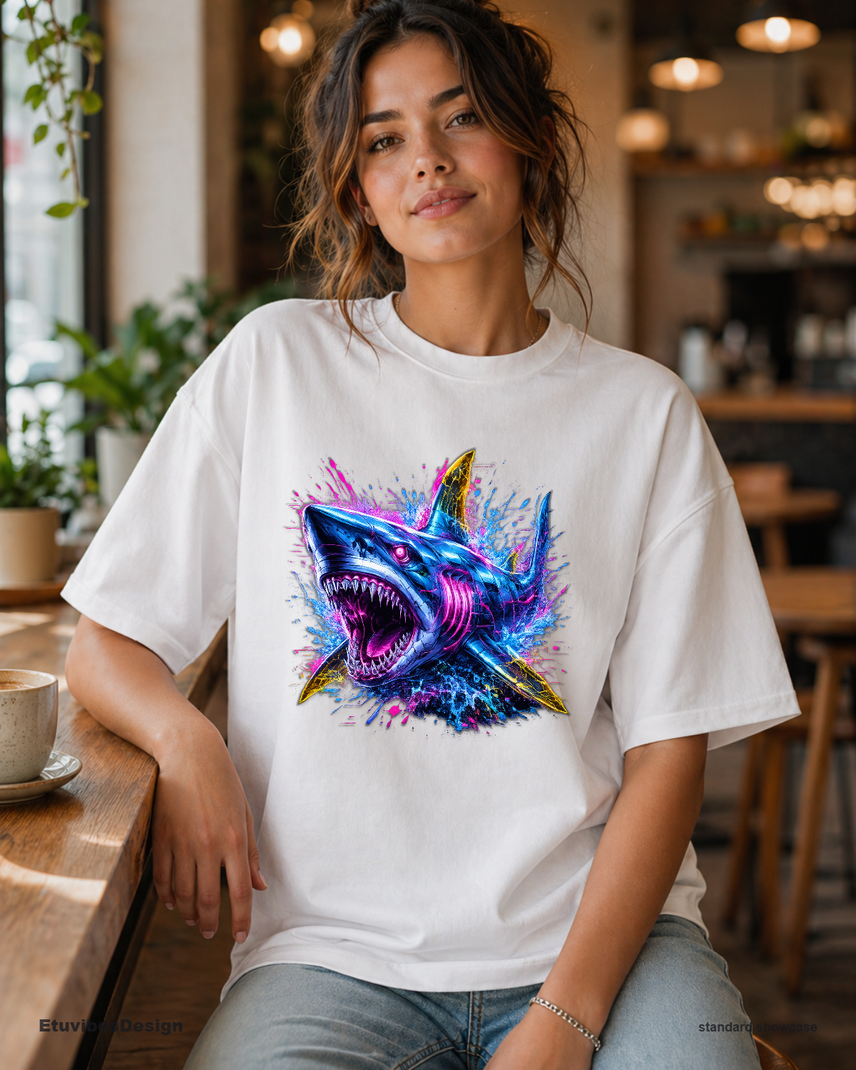 Neon Cyberpunk Shark Unisex Graphic T-Shirt